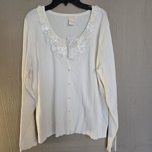 Christina White Long Sleeve Button Down Shirt NWT Floral Accents